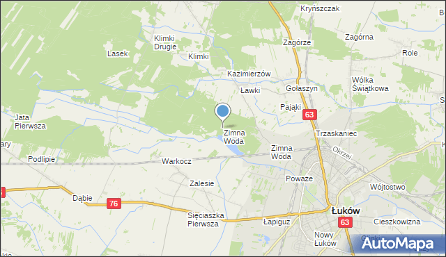 mapa Zimna Woda, Zimna Woda gmina Łuków na mapie Targeo